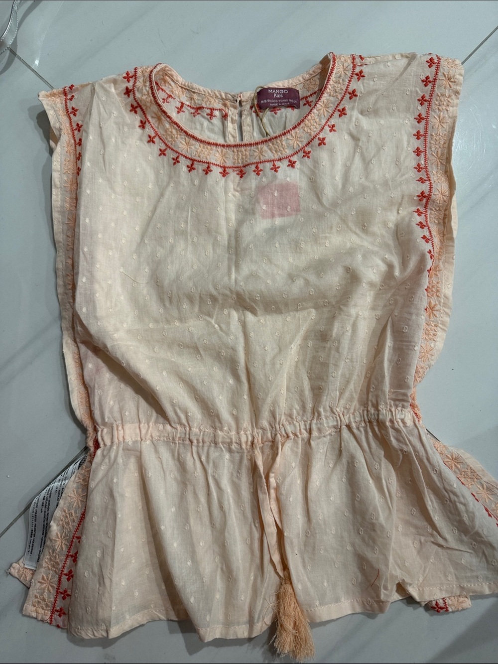 Girls Mango pastel peach Peplum Top with Coral Embroidery
